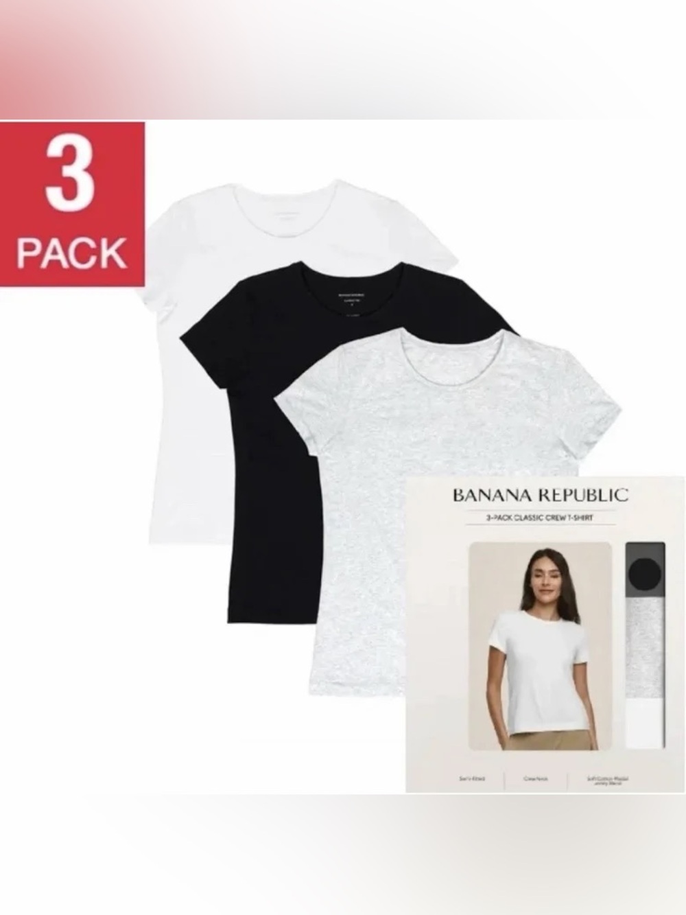 Banana Republic Women's 3-Pack Crew Neck Tees - White, Black, Light Gray
